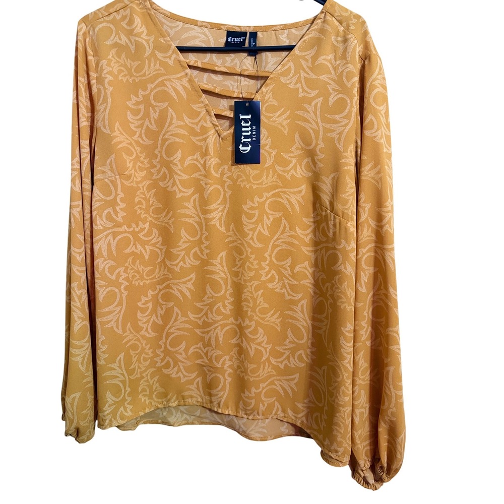 Cruel Denim Yellow Floral Print Lattice Neck Long Sleeve Blouse Women's